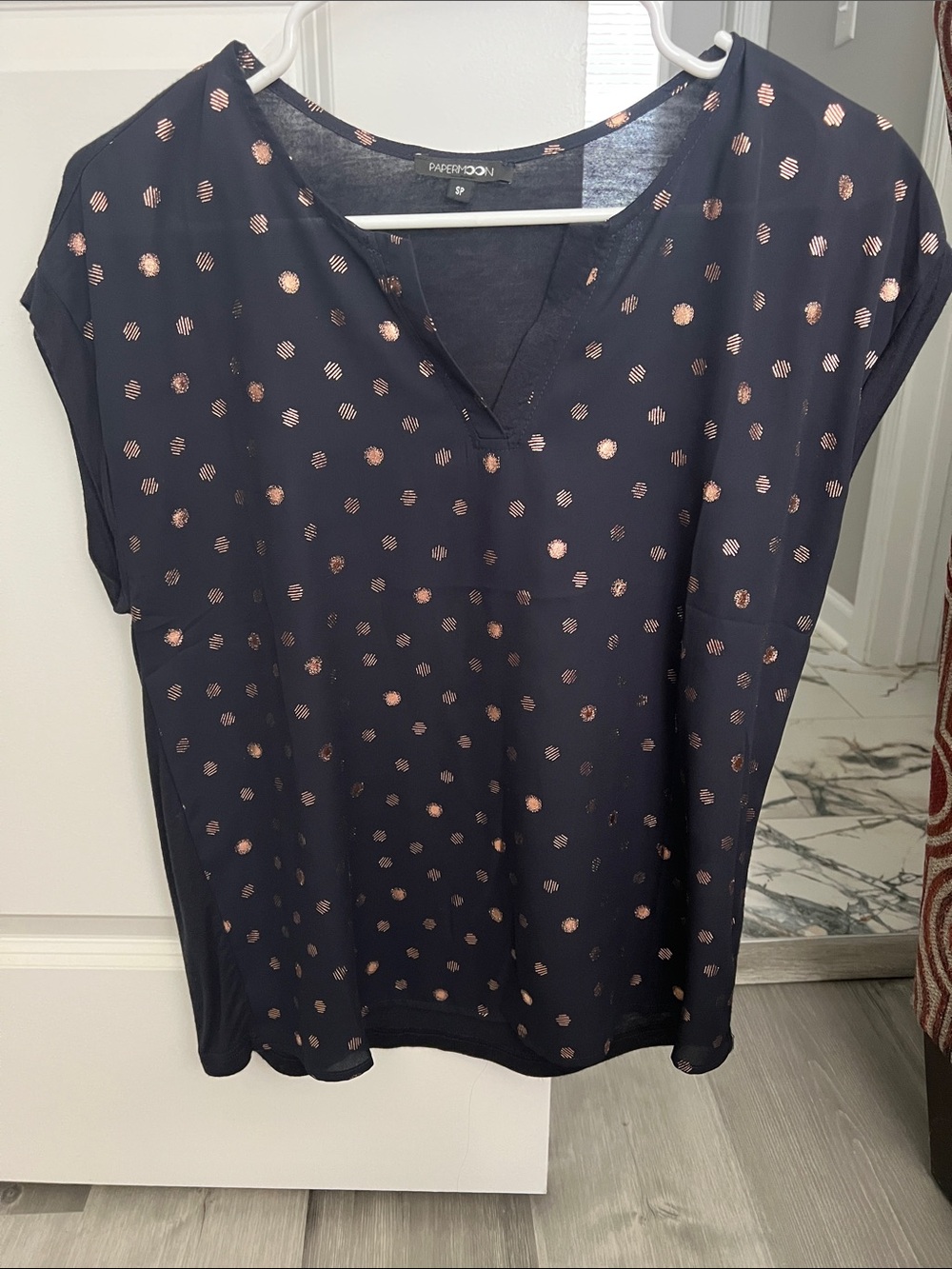 Papermoon Navy V-Neck Short Sleeve Top with Rose Gold Dot Print